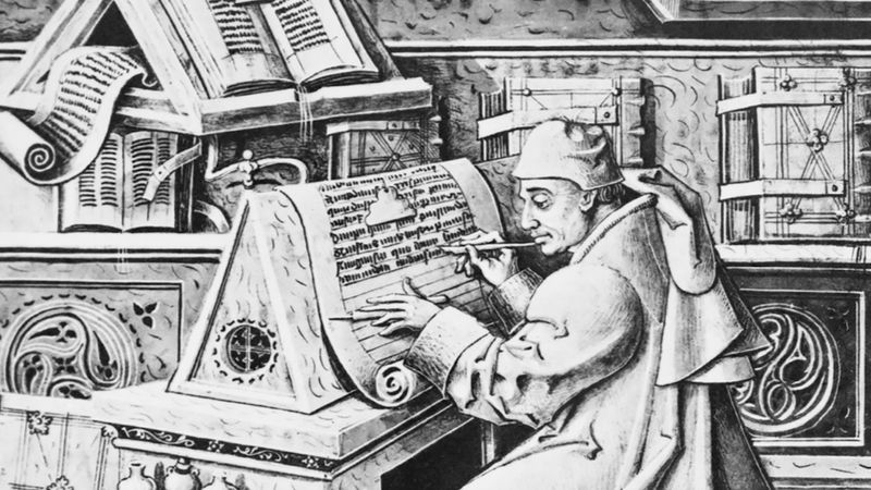 Medieval scribe at work — humanity's tools from the printing press to today